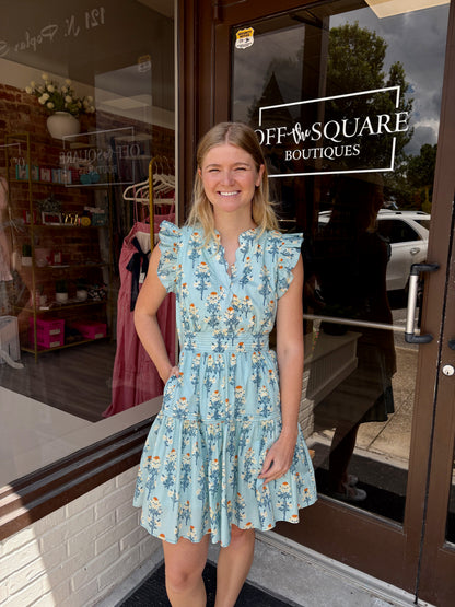 Floral Print Ruffle Sleeve Mini Dress w Scallop