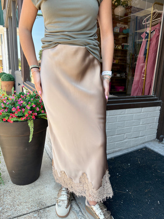 Lace Applique Satin Midi Skirt