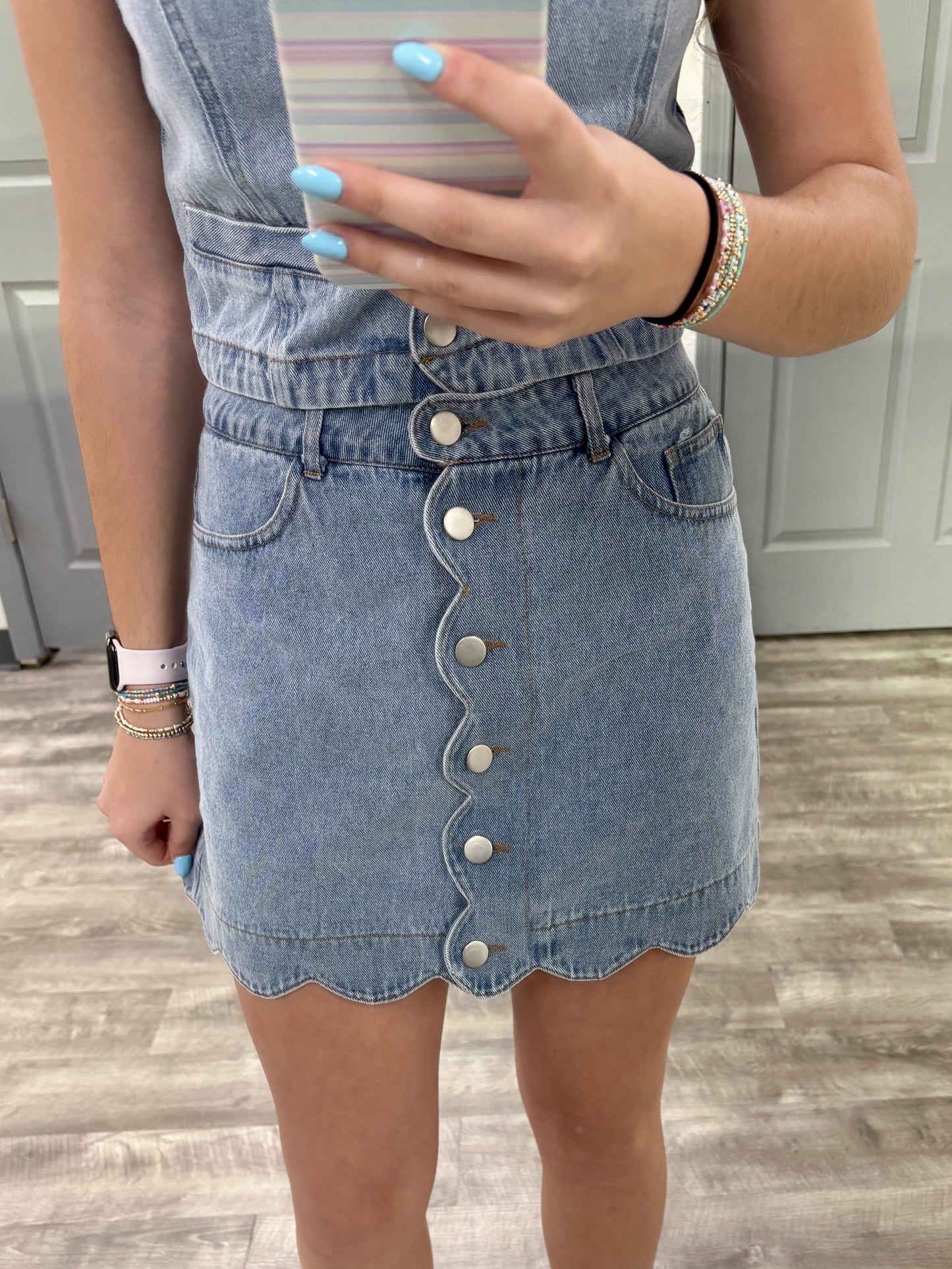 Button Down Scalloped Washed Denim Skirt