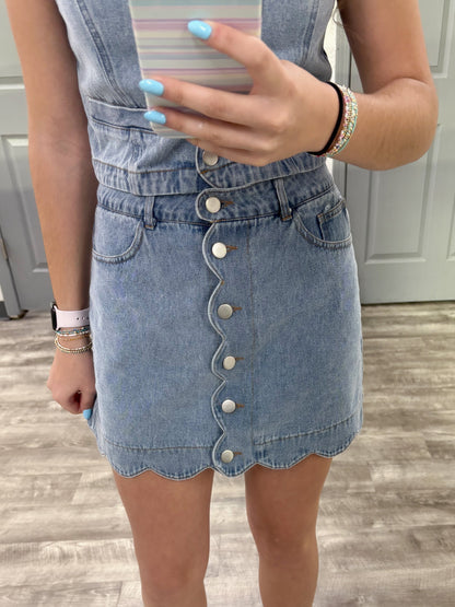 Button Down Scalloped Washed Denim Skirt