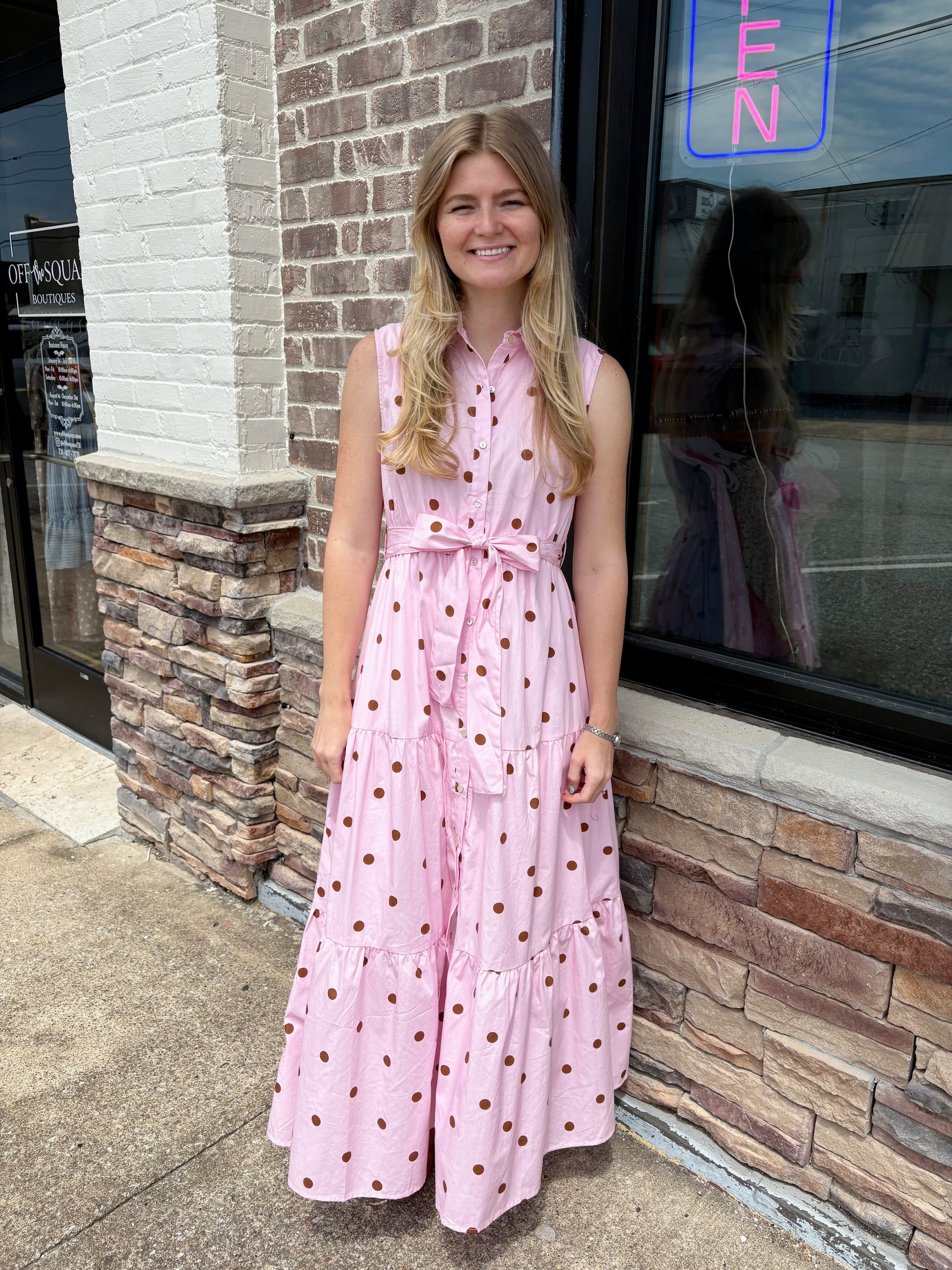 Pink/Brown Polka Dot Sleeveless Dress