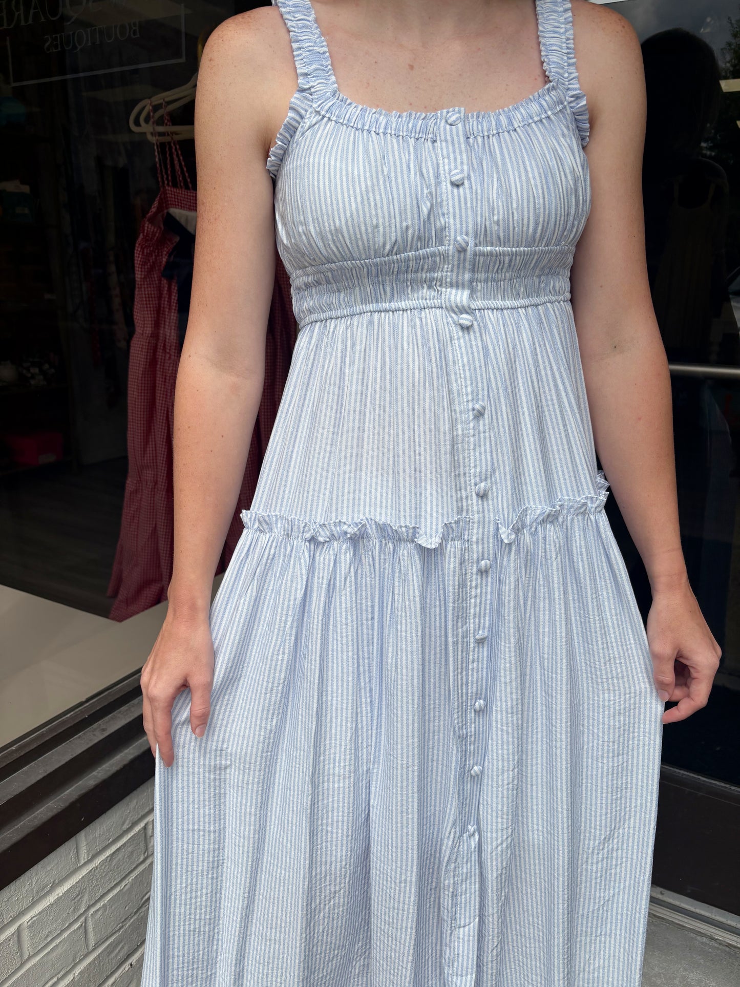 Stripe Mock Button Sleeveless Midi