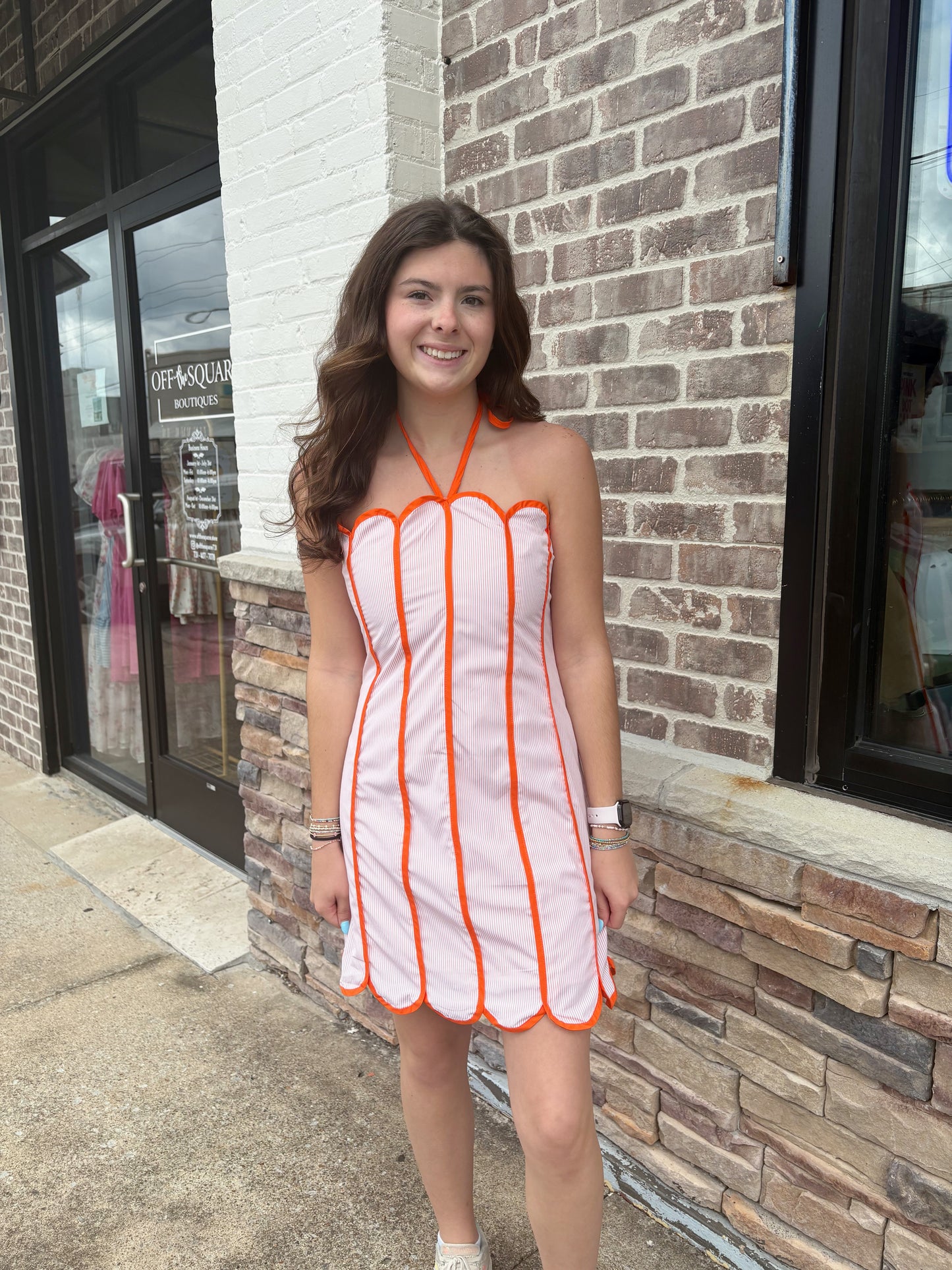 Orange Stripe Scalloped Halter Tie Midi Dress