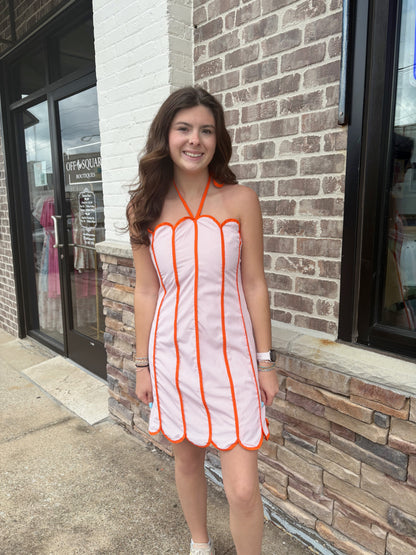 Orange Stripe Scalloped Halter Tie Midi Dress