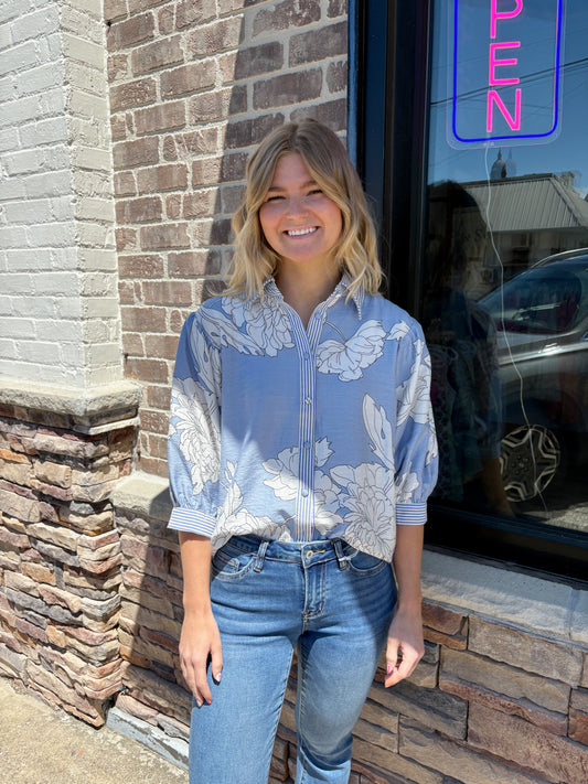 Blue Floral Bell Blouse