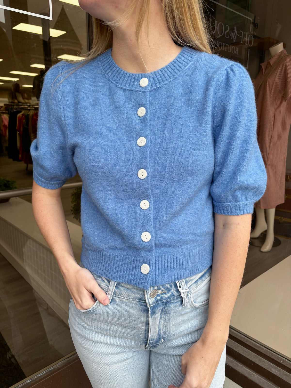 Blue Bubble Sleeve Cardigan