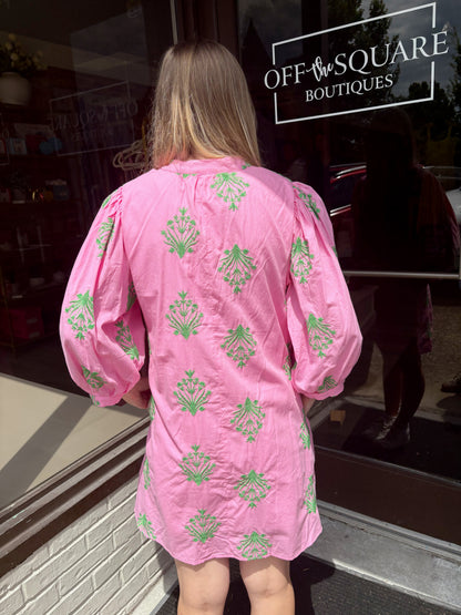 Pink w Green Floral LS Mini Dress