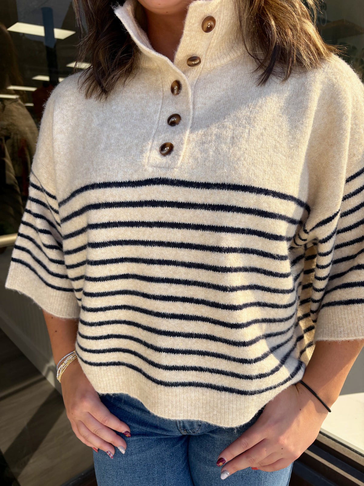 Ecru Half Button Sweater