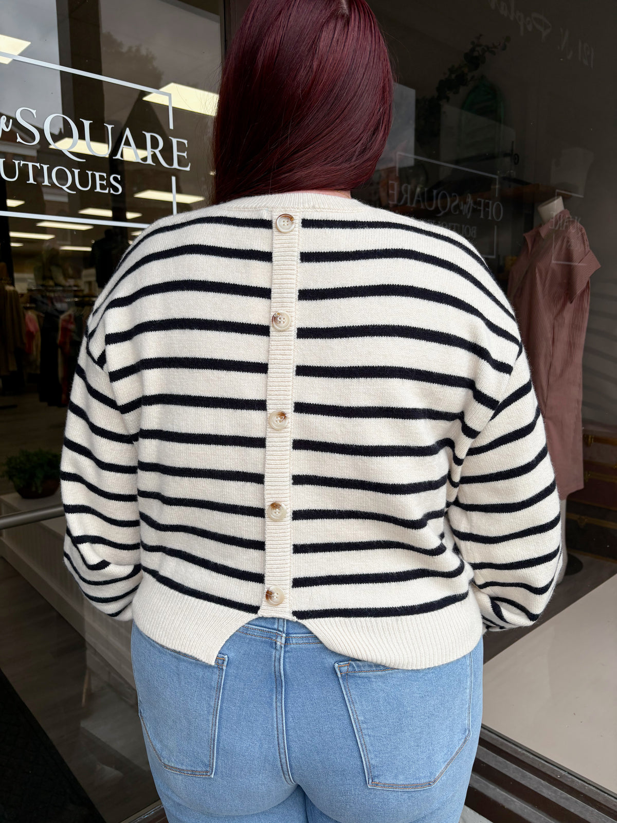 LS Stripe Sweater with Button Detail