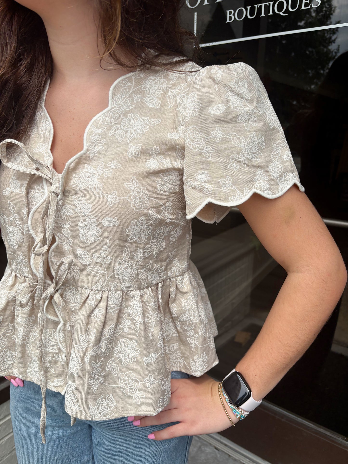 Floral Embroidered Tie Scalloped Top