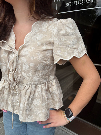 Floral Embroidered Tie Scalloped Top