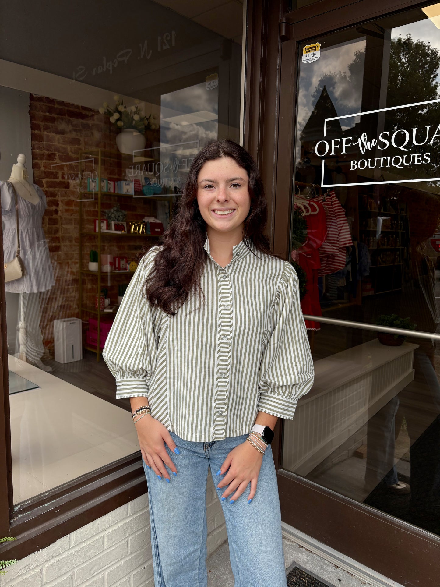 Olive Stripe Button Down Blouse