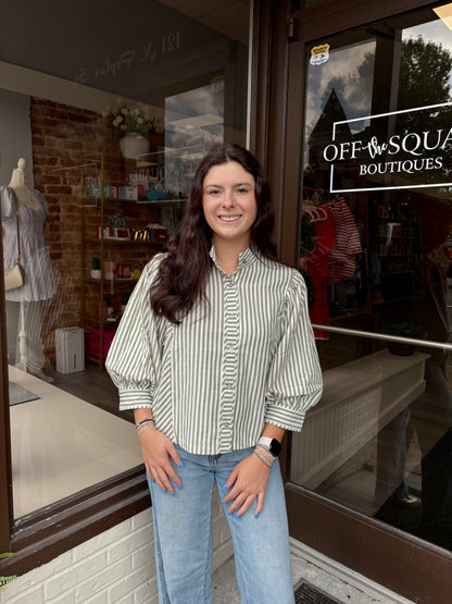 Olive Stripe Button Down Blouse