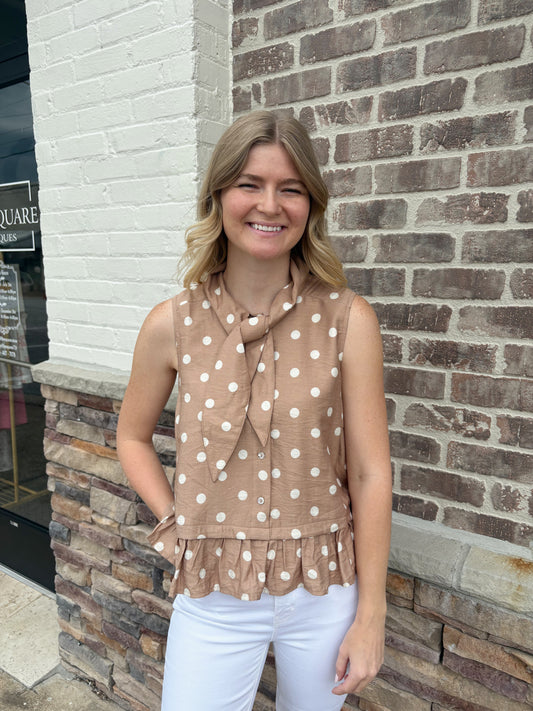 Tie Collar Polka Dot Ruffle Button Down