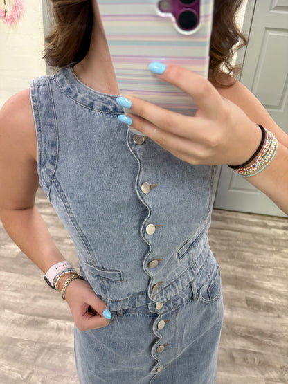 Button Down Scalloped Denim Top