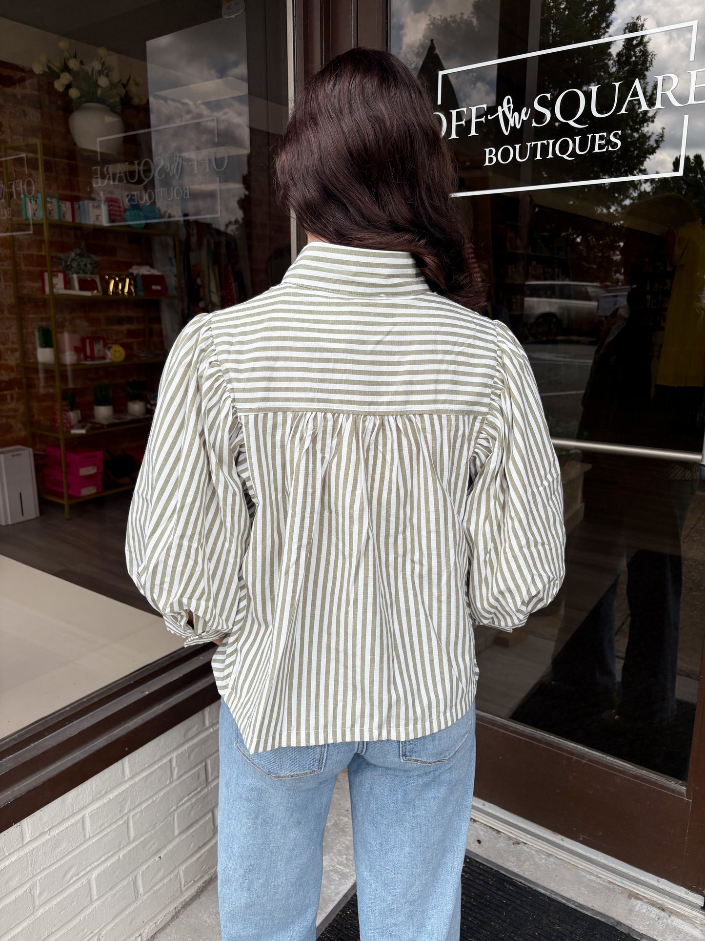 Olive Stripe Button Down Blouse