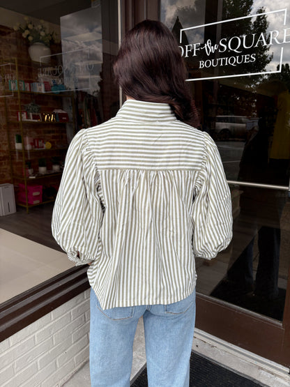Olive Stripe Button Down Blouse