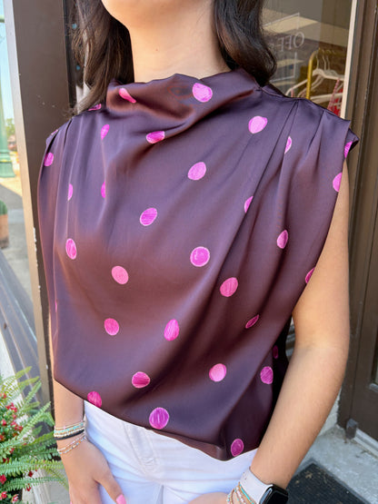 Cowl Mock Neck Sleeveless Top Polka Dot