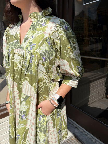 LS Green Floral Mini Dress