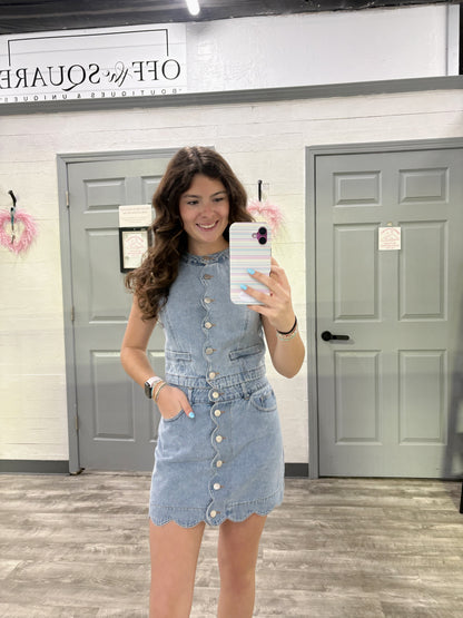 Button Down Scalloped Washed Denim Skirt