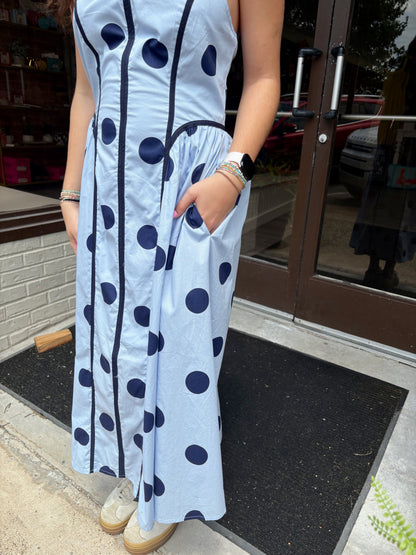Halter Neck Blue Polka Dot Dress
