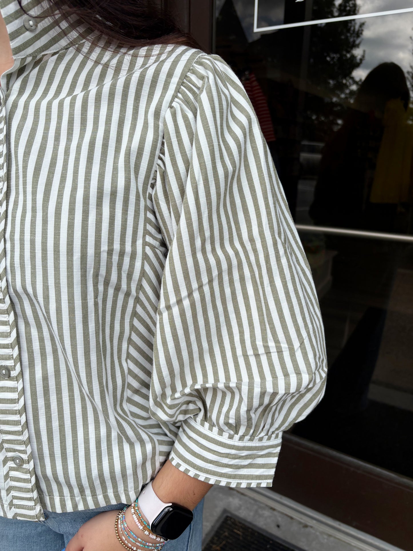 Olive Stripe Button Down Blouse