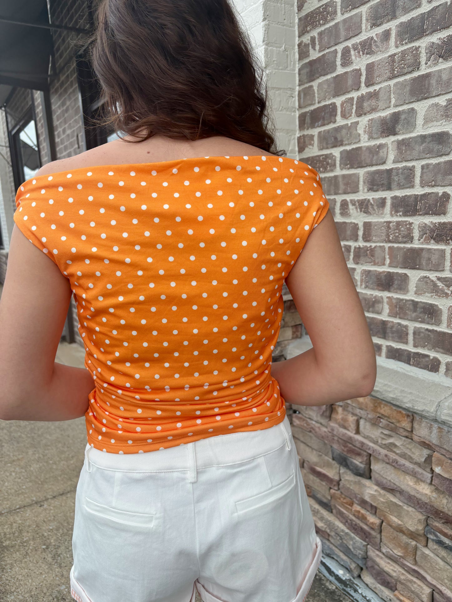 Off Shoulder Top w/ Side Ruching Polka Dot