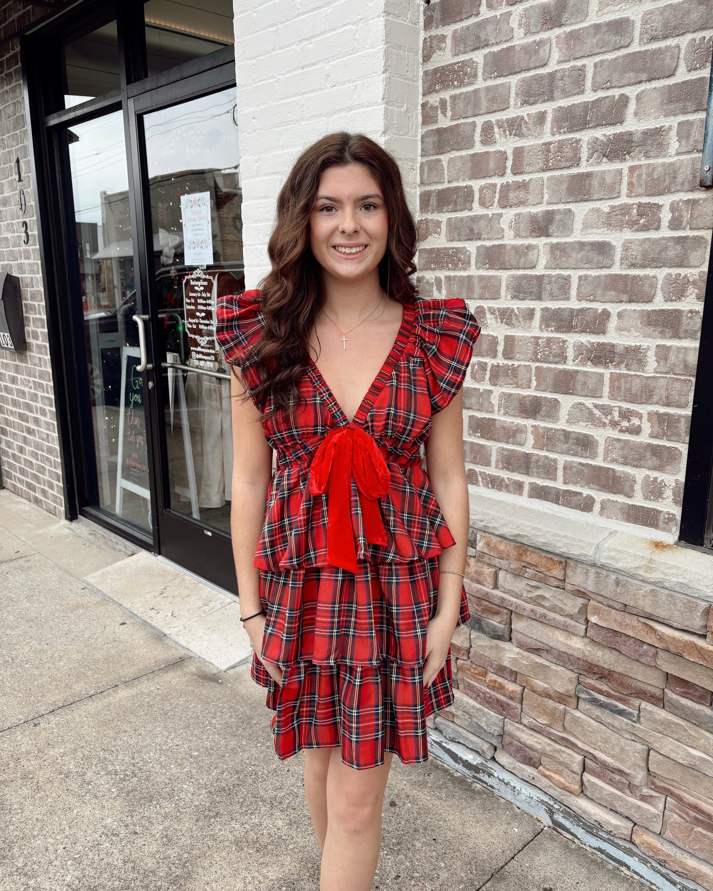 Velvet Bow Tiered Christmas Plaid Mini Dress