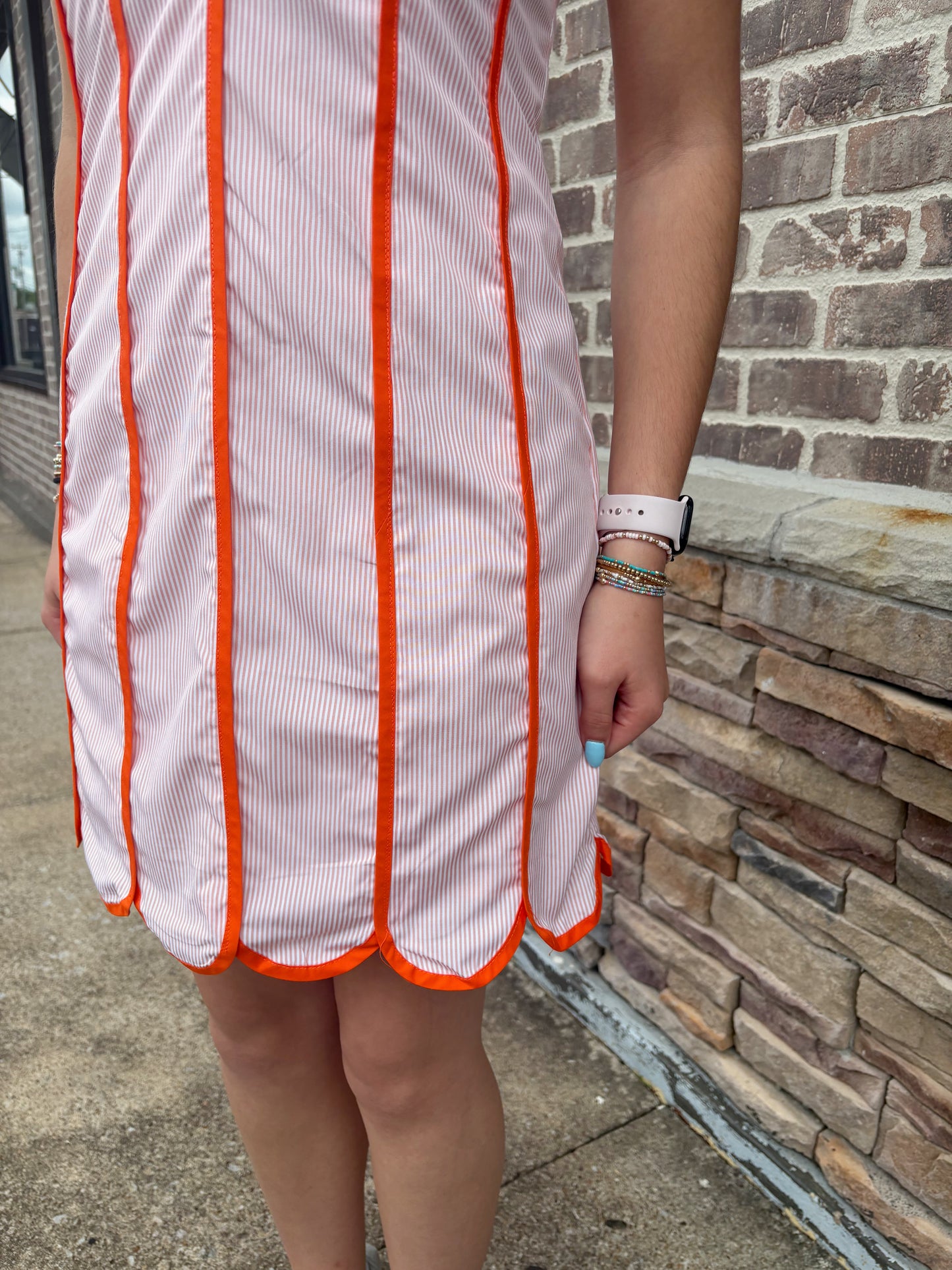 Orange Stripe Scalloped Halter Tie Midi Dress