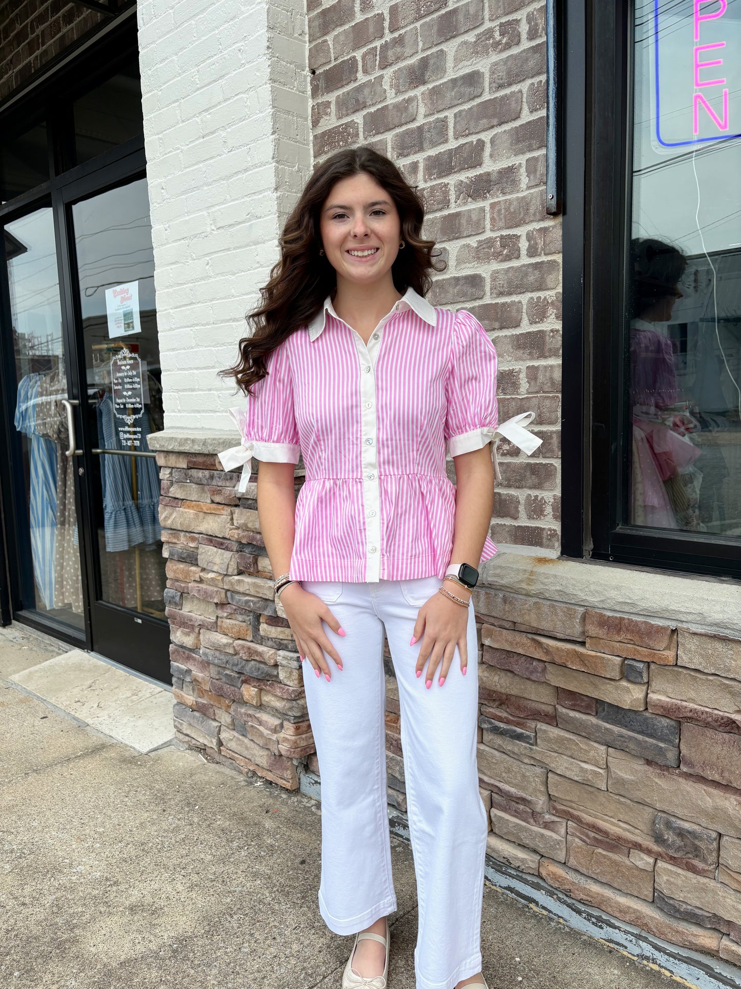 Pink Stripe w Bow Detail Top
