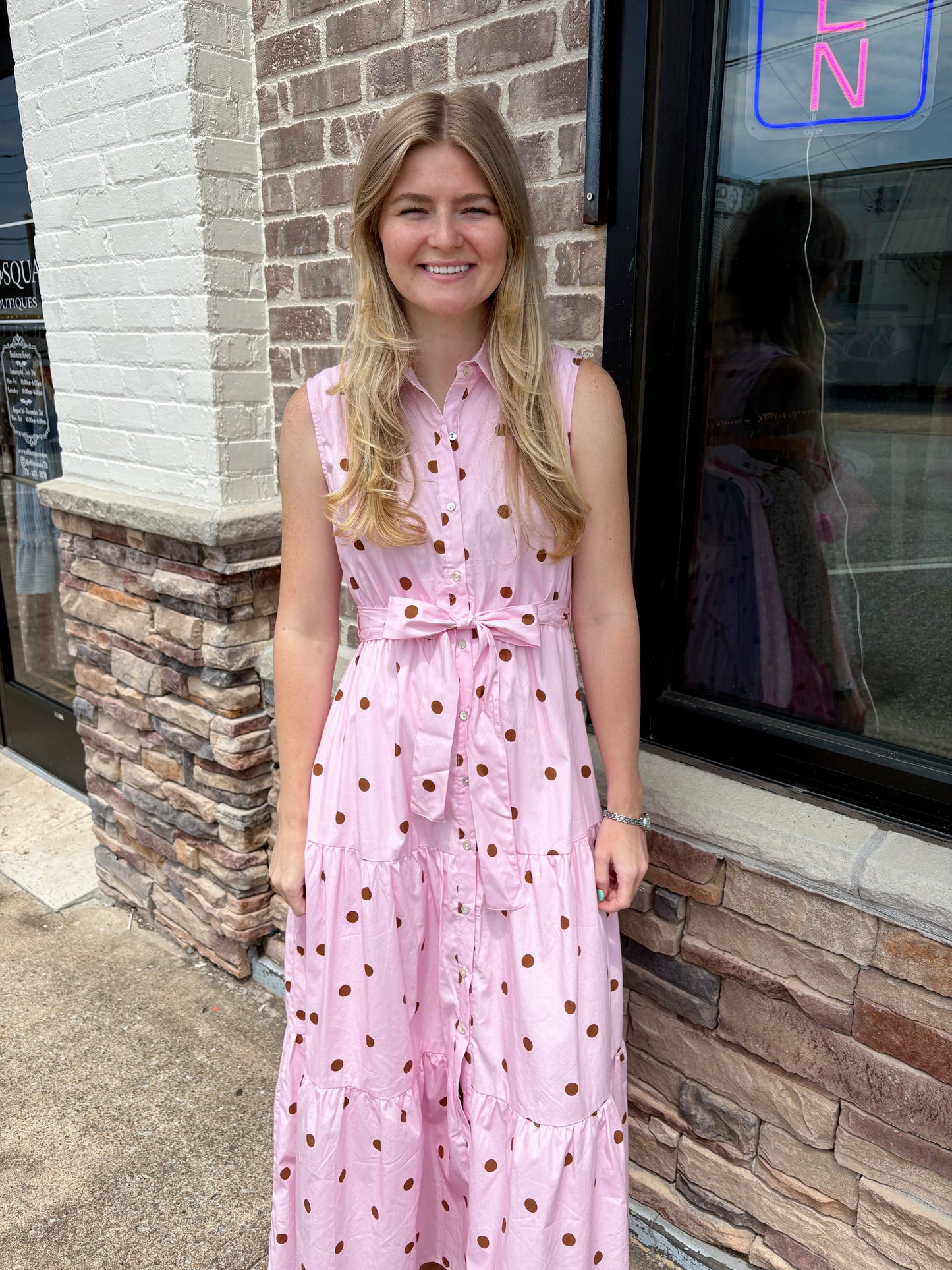 Pink/Brown Polka Dot Sleeveless Dress