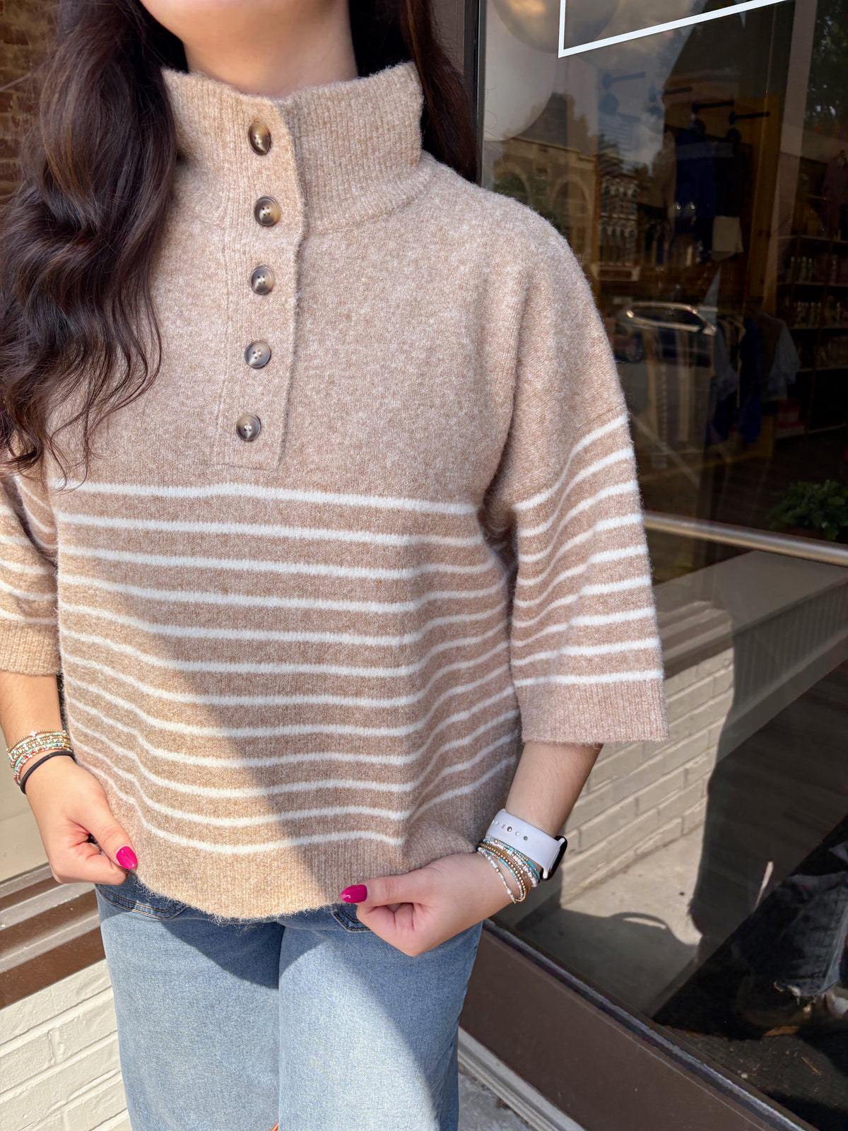 Half Button Up Stripe Sweater Top