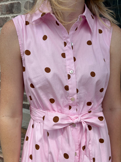 Pink/Brown Polka Dot Sleeveless Dress