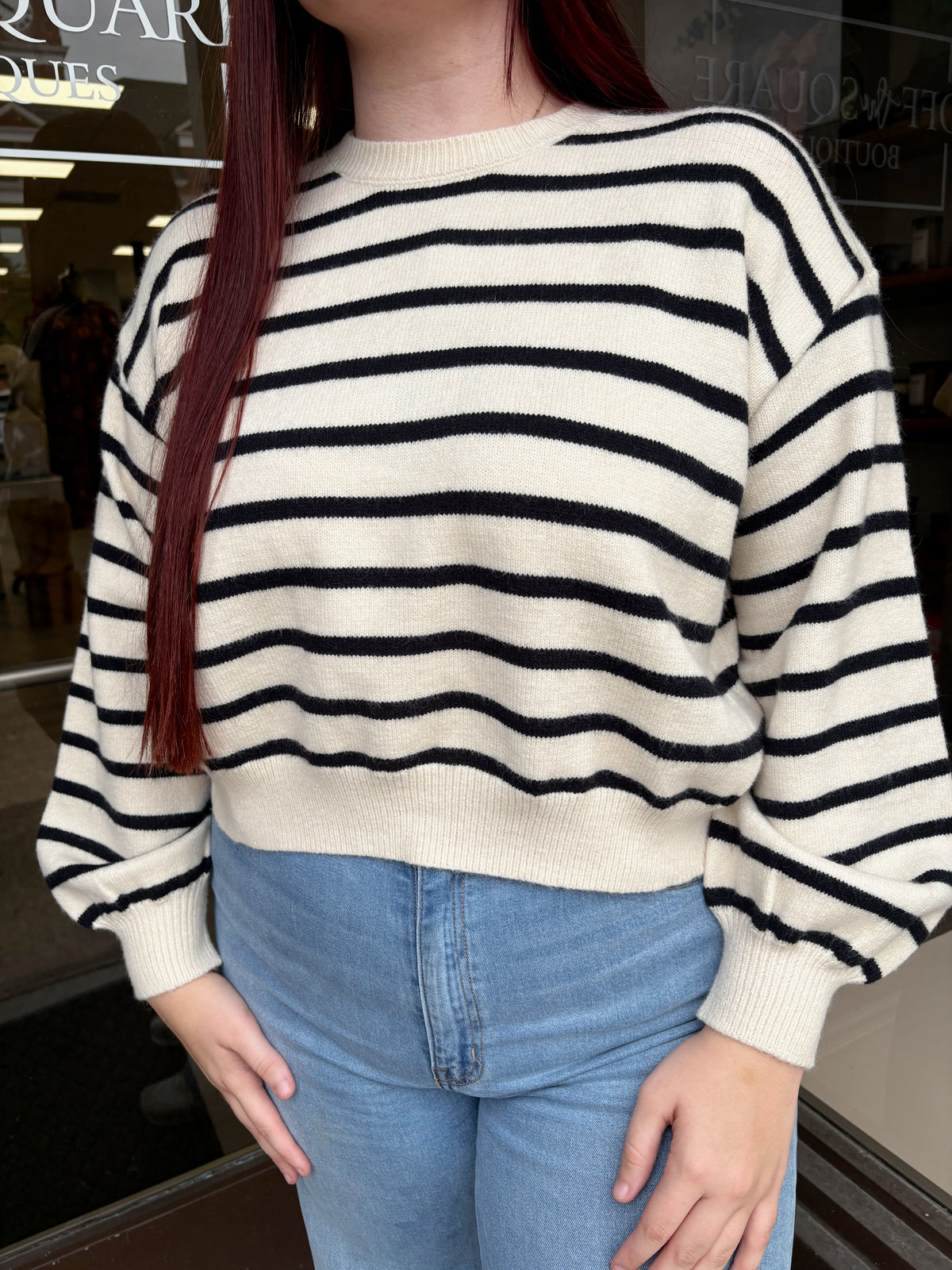 LS Stripe Sweater with Button Detail