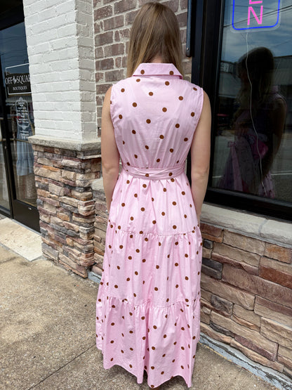 Pink/Brown Polka Dot Sleeveless Dress