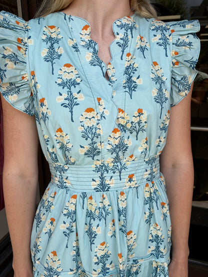 Floral Print Ruffle Sleeve Mini Dress w Scallop