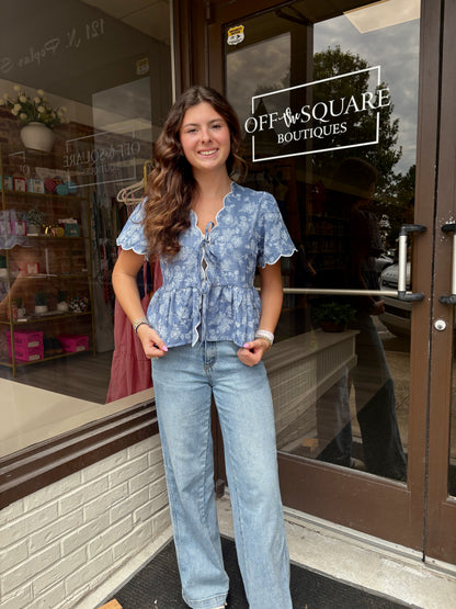 Floral Embroidered Tie Scalloped Top
