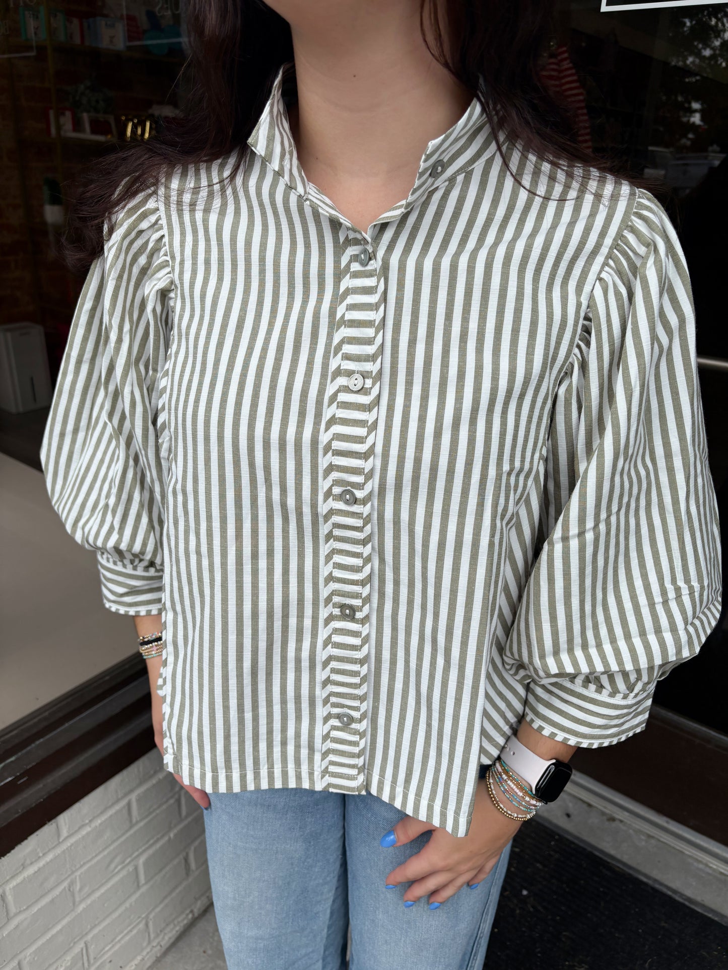 Olive Stripe Button Down Blouse
