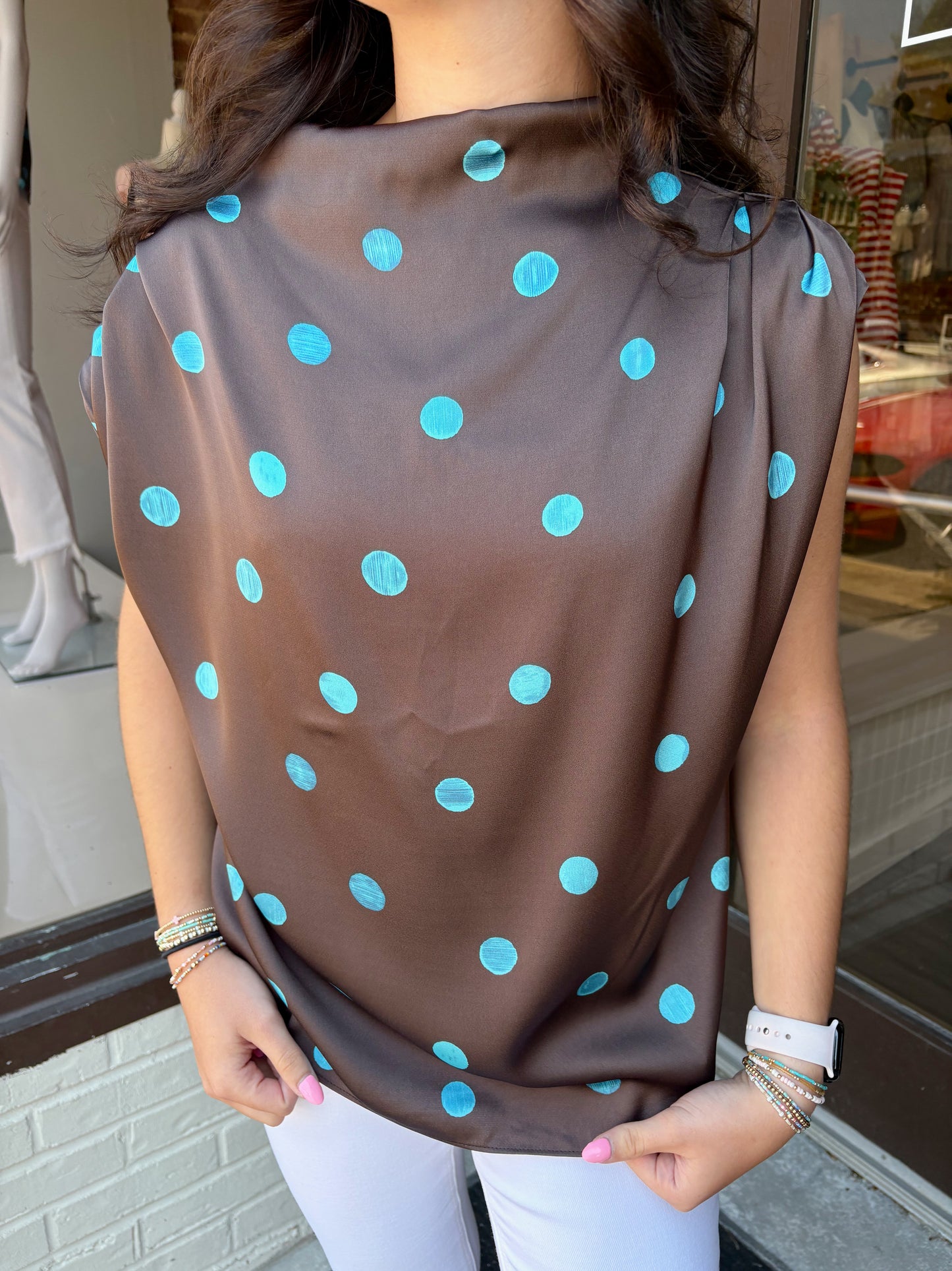 Cowl Mock Neck Sleeveless Top Polka Dot