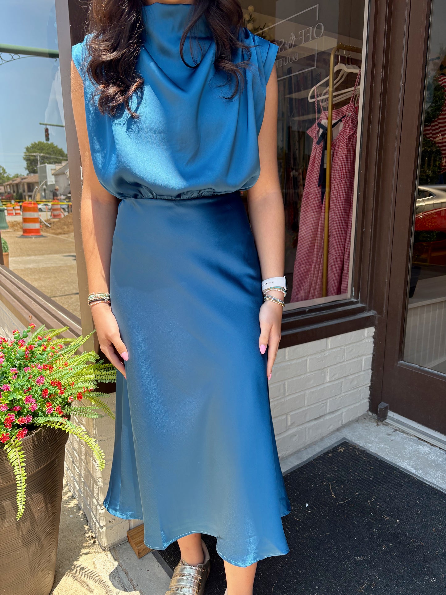 Waist Tie Cowl Neck Midi Dress