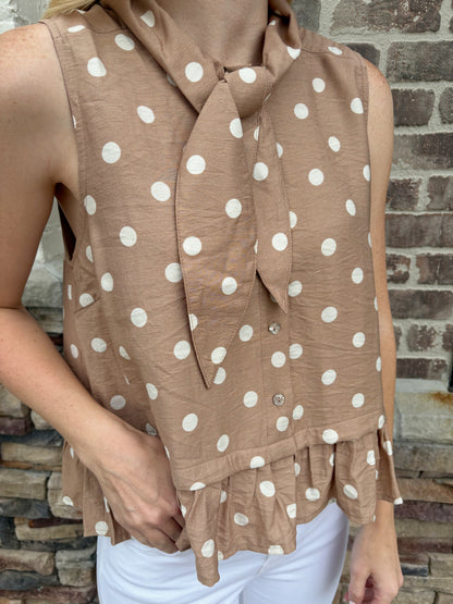 Tie Collar Polka Dot Ruffle Button Down