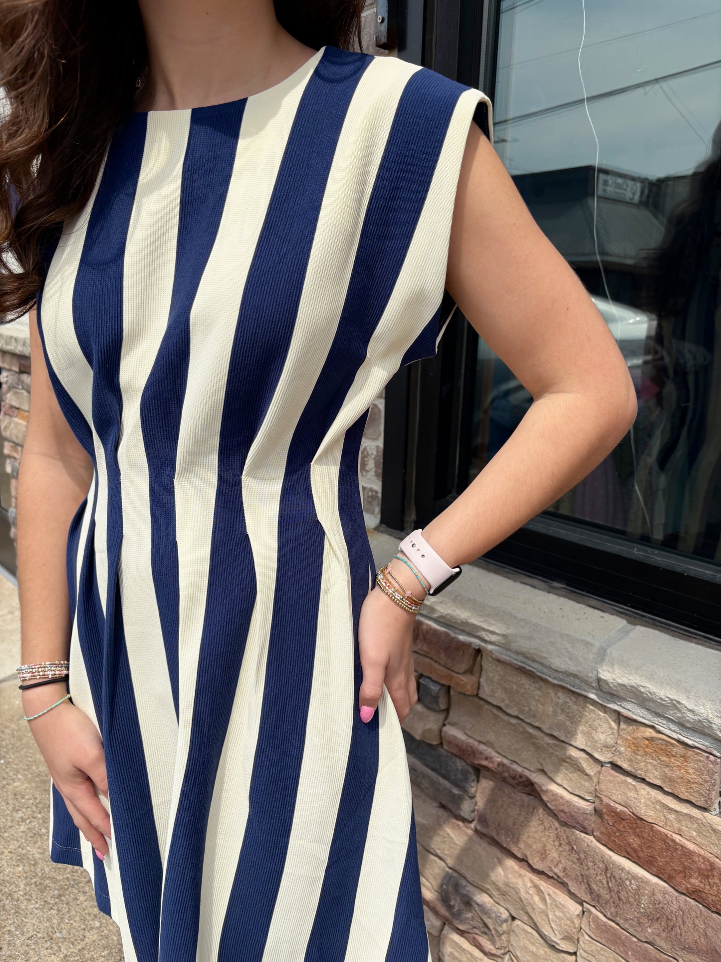 Navy Stripe Round Neck Pleated Mini Dress