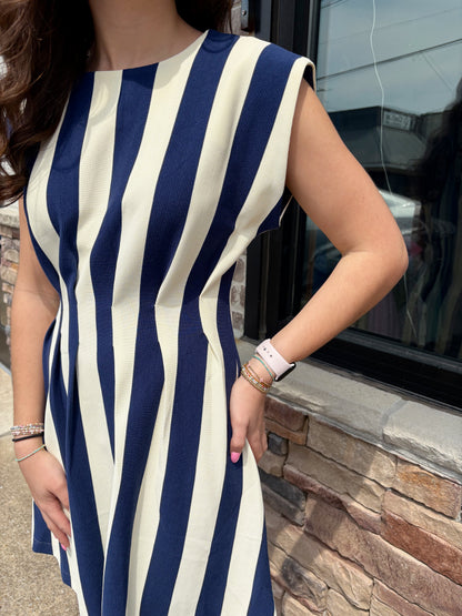 Navy Stripe Round Neck Pleated Mini Dress