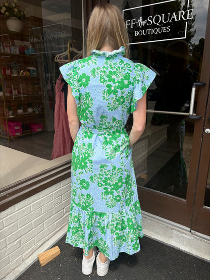 Eyelet Blue And Green Floral Dress