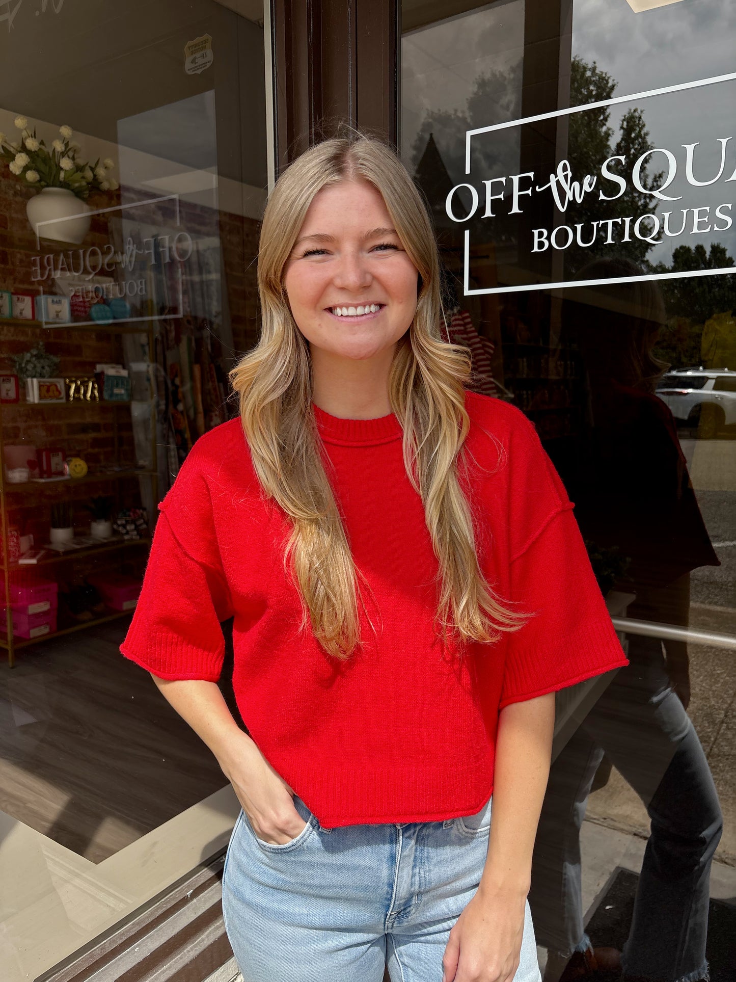 Red SS Exposed Seam Sweater Top