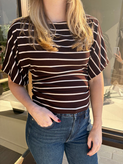 Boat Neck Kimono Ruched Stripe Top