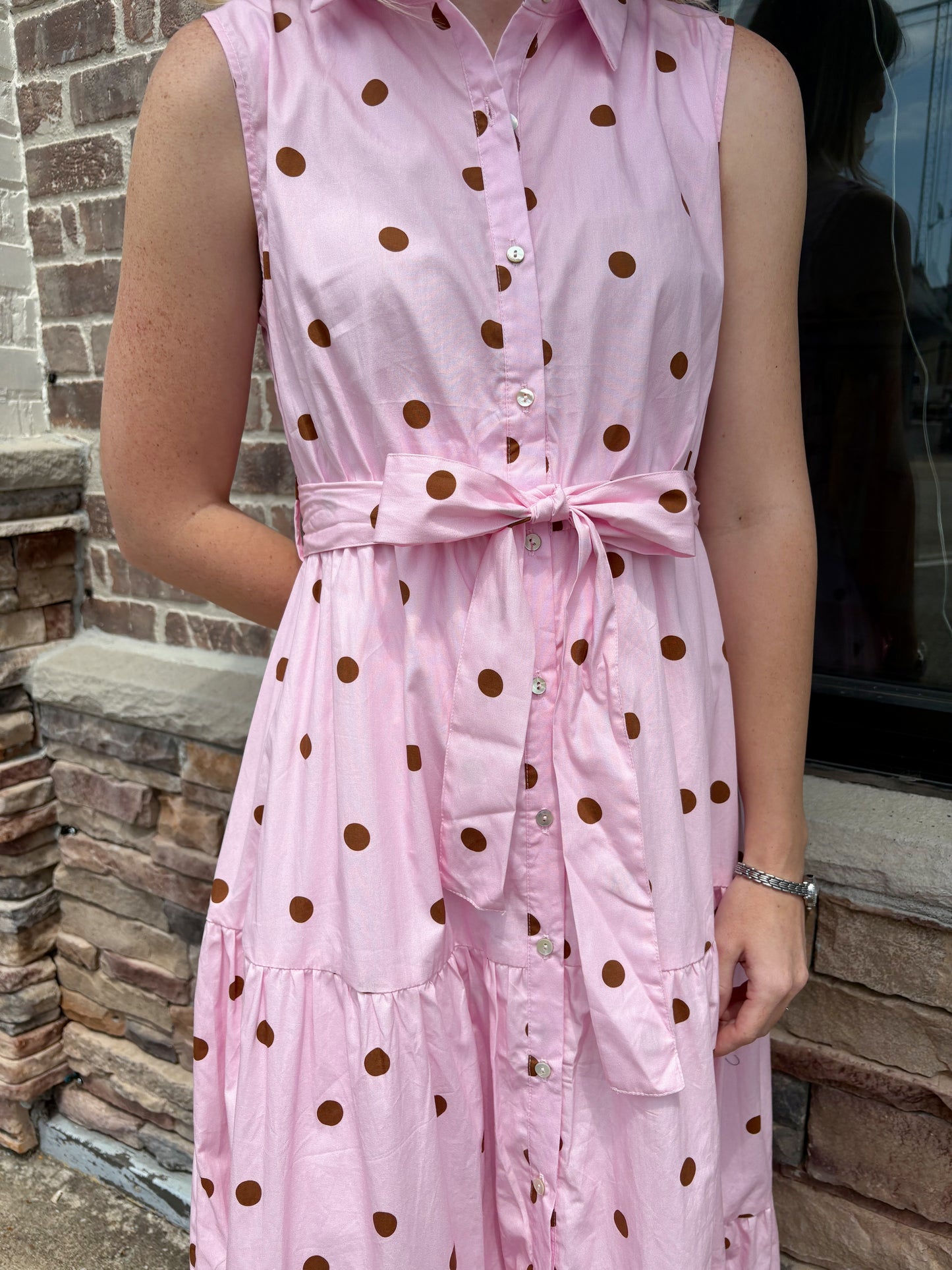 Pink/Brown Polka Dot Sleeveless Dress