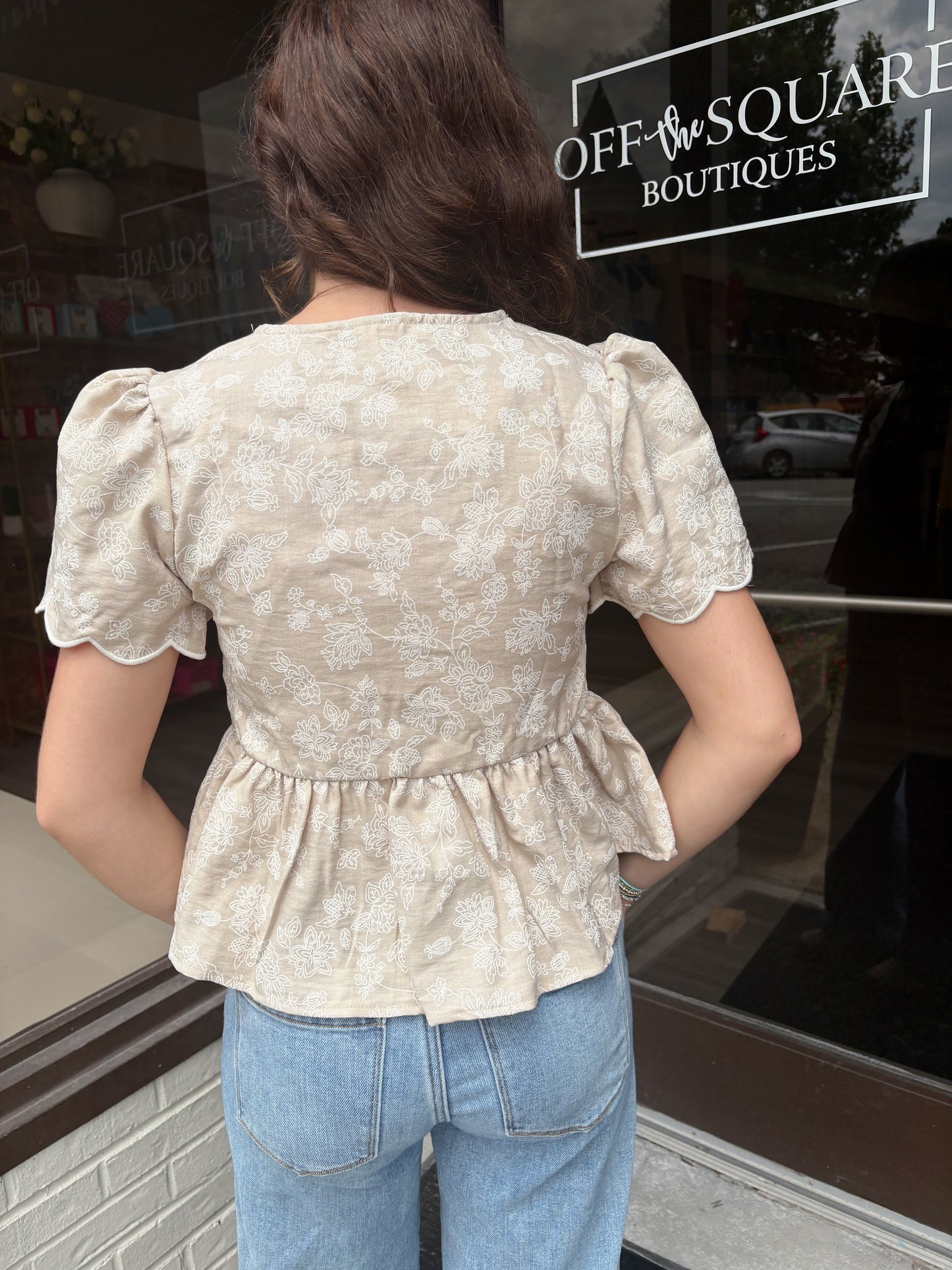 Floral Embroidered Tie Scalloped Top