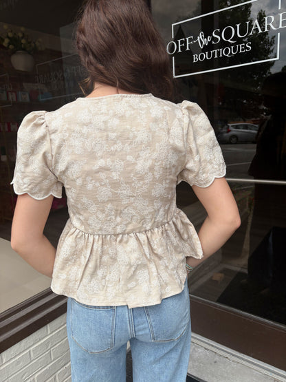 Floral Embroidered Tie Scalloped Top