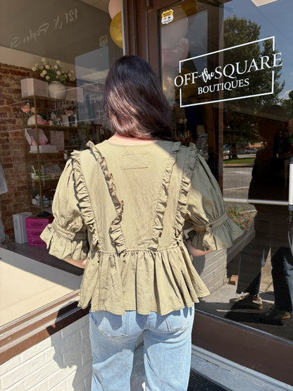 Olive Ruffle Detail Top